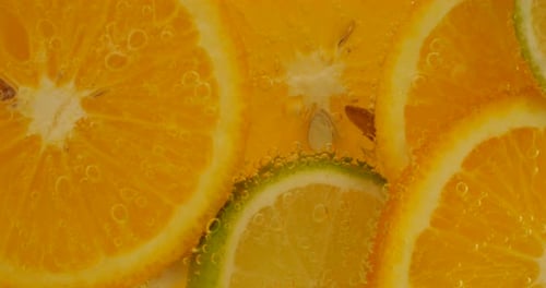 Orange and Lime Slices Bubbling in Clear Liquid