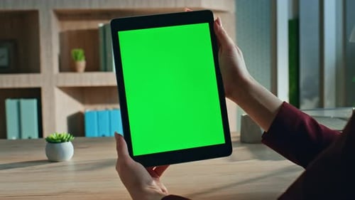 Lady Boss Watching Green Screen Tablet in Workplace Closeup Unknown Freelancer