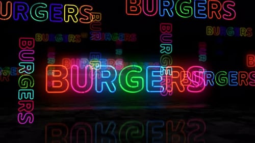 Burgers bar symbol glowing neon 3d lights