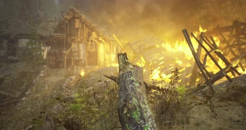 Fire Engulfs Abandoned Structure Surrounded By Trees During Daytime Hours