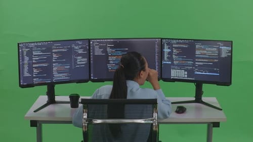 Tired Asian Woman Yawning Before Sleeping While Write Code With Multiple Screens In Green Screen