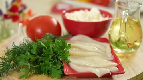 Fresh Ingredients on Cutting Board for Meal Preparation