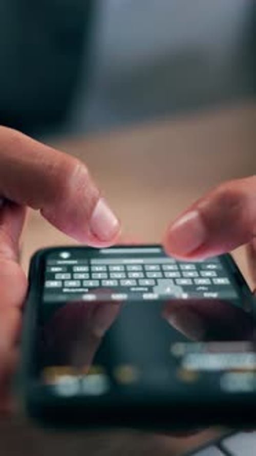 Hands, phone screen and typing at office, texting and check notification with contact at media