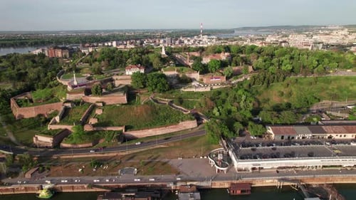 High aerial view of Belgrade Fortress and Kalamegdan, drone panorama