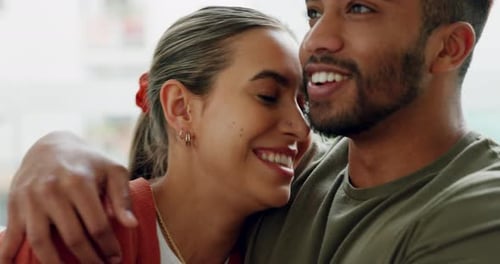 Happy Couple Embracing Indoors, Close Up