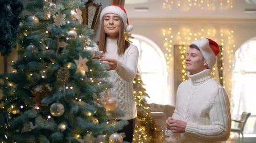 Homem ajuda sua namorada a decorar a árvore de Natal