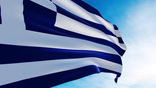 Greece National Flag Waving in Wind Against Blue Sky