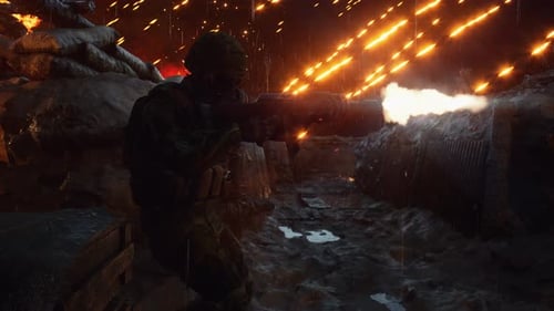 Soldier in Military Trench Firing Rifle in Battle