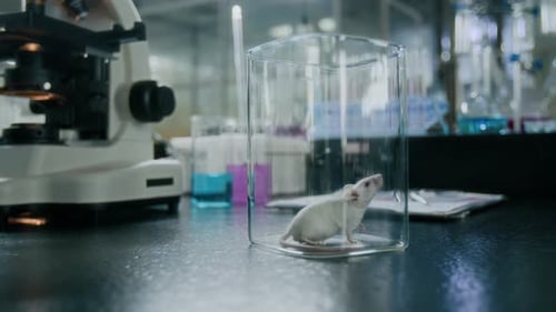 White Mouse Moving in Glass Container in Laboratory