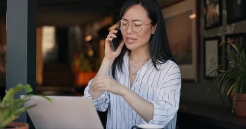 Woman, phone call and cafe with laptop, remote work and conversation for job, online and internet