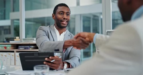 Agreement, partnership and business men handshake for a deal in a professional meeting for strategy
