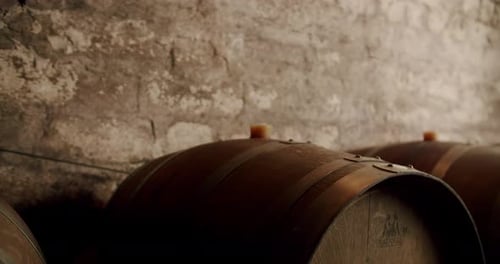 Gealterte Holzfässer mit einem Weinbrand oder Whiskey in einem großen Lagerhaus