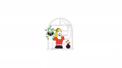 Lächelnde kaukasische Frau winkt mit der Hand aus der Fensterlinie 2D-Charakteranimation