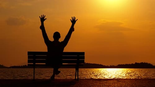 Happy Man Meeting Dusk Sea