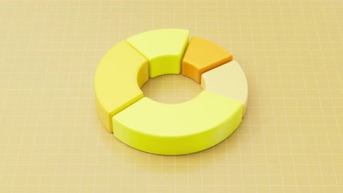 Gráfico circular de rosquillas giratorias amarillas en 3D con segmentos coloridos, información gráfica financiera