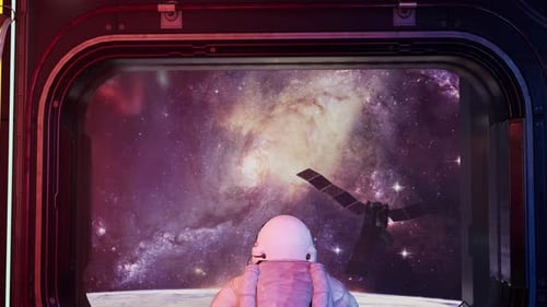 Astronaut Looking at Galaxy From Space Station Window