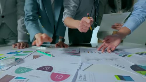 Financial business experts people pointing and choosing idea of marketing data analysis or financial
