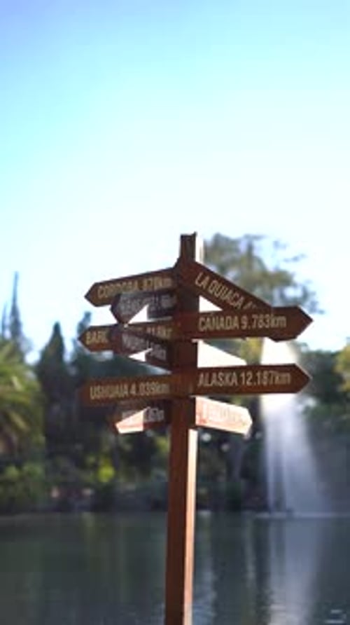 A wooden sign with a compass pointing to different directions