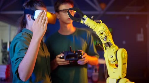 Woman in VR Controlling a Robotic Arm