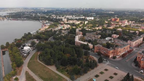 Beautiful aerial view of the city of Zaporozhye in Ukraine. Streets along which vehicles travel.