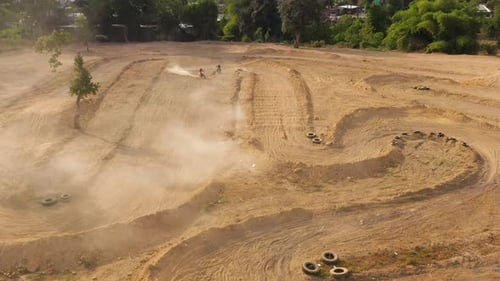 Motorbikes Ride Dirt Track Aerial View