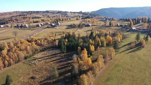 Flying Above Rural Countryside Landscape. Homestead and Village in the Autumn with Colorful Trees