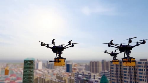 Future Logistics: Drones Transporting Packages Above City Buildings