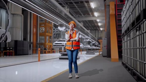 Une ingénieure asiatique pense à une usine de voitures électriques