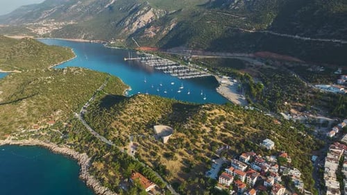 Aerial View Scenic Ka Town in Antalya Region With a Large Marina of Yachts