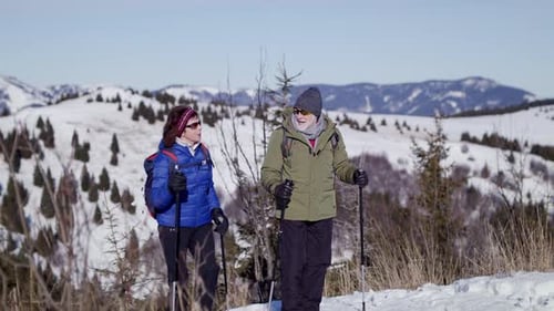 Couple Snowshoeing in Snowy Mountains on Sunny Day