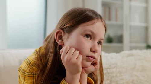 Thoughtful Sad Caucasian Child Little Girl Kid Daughter Upset Lonely Bored Stress Boring at Home