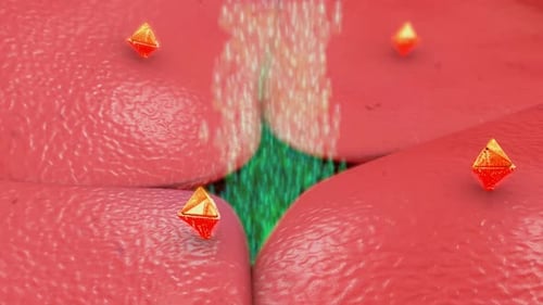 A close-up view of skin with tiny orange particles on it