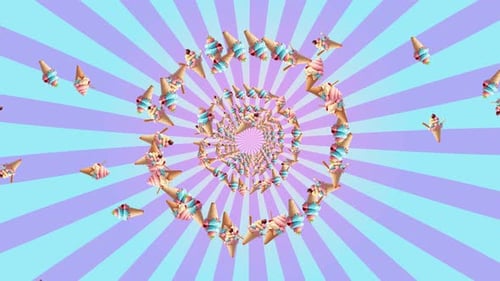 Cone Ice Cream Flying And Rotate Circle Animation On Retro Background. Cone Ice Cram Pattern