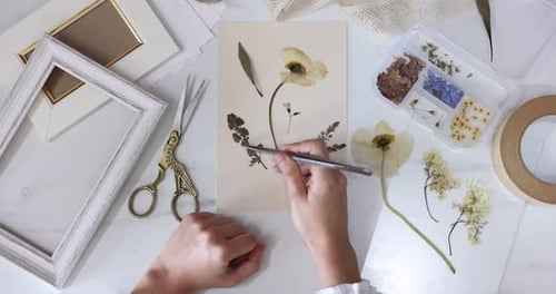 Woman putting dry flowers into paper sheet at white marble table, top view