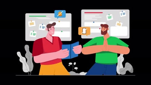 Two people discussing around digital interfaces