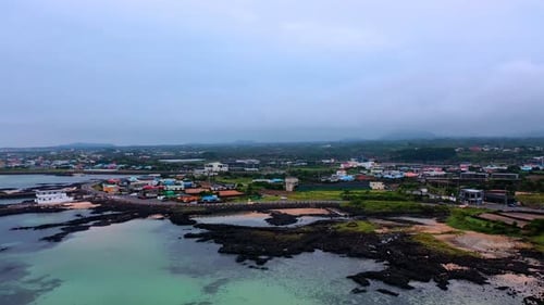 Aerial view of Jeju Island’s coastline, natural landscapes