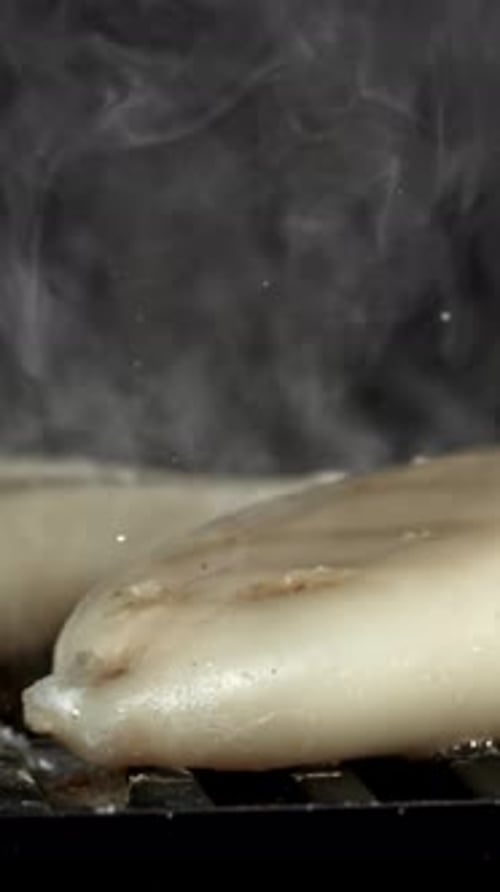 The Squid Carcass is Fried in a Pan Filmed on a Highspeed Camera at 1000 Fps