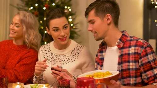 Friends Enjoying Holiday Meal with Decorated Christmas Tree
