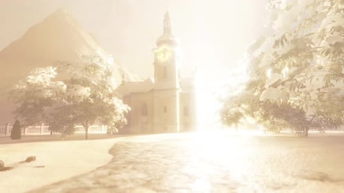 Iglesia bañándose en una luz dorada durante un hermoso amanecer de invierno.