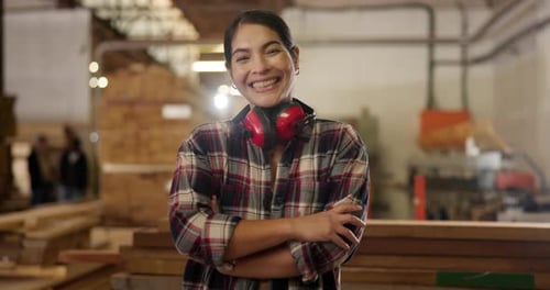 Face, carpenter or woman with arms crossed in workshop, manufacturing production and pride