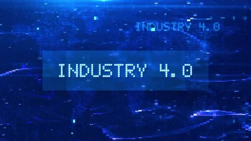 Digitale HD-Industry 4.0-Textanimation über futuristischer Weltkarte und HUD-Effekten