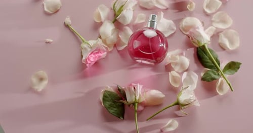 Elegante rosa Parfümflasche, umgeben von frischen Rosenblättern auf rosafarbenem Hintergrund