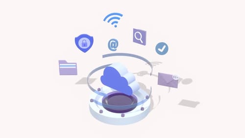 Armazenamento em nuvem, transferência de dados, tecnologia de banco de dados, animação de conceitos de computação em nuvem.