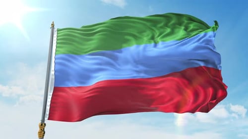 Realistic Dagestan Flag Waving Against a Sunny Blue Sky
