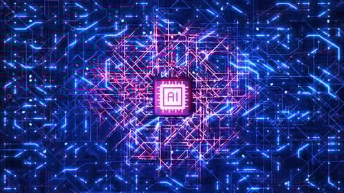 Animation des KI-Chip-Prozessors für künstliche Intelligenz — Futuristischer digitaler Hintergrund für Leiterplatten