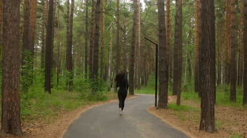 Sportswoman Running in a Coniferous Forest