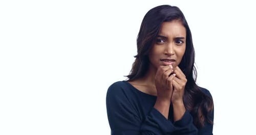 Fear, indian woman and closing face for terror, scary surprise or horror in studio on white