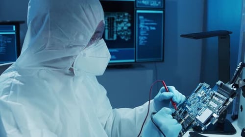 Mikroelektroniker arbeitet in einem modernen wissenschaftlichen Labor an Computersystemen und