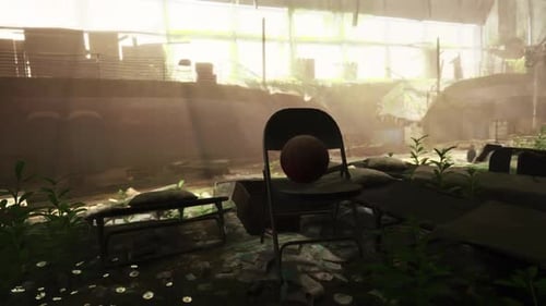 Post Apocalyptic Overgrown Basketball Court with Sun Rays