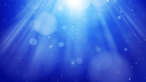 Particles with light rays. Blue shiny particles falling in a loop of light rays. Romantic background